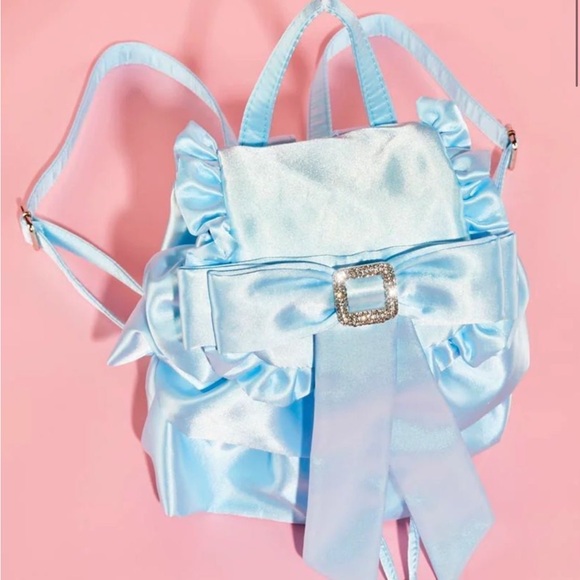 NWT light blue satin bow with rhinestone in middle ruffled backpack - Picture 3 of 5